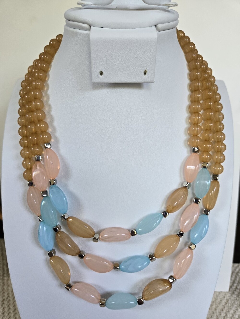 N-142-Paparazzi 3-Strand Milky Blue Pink Peach Necklace-16"
